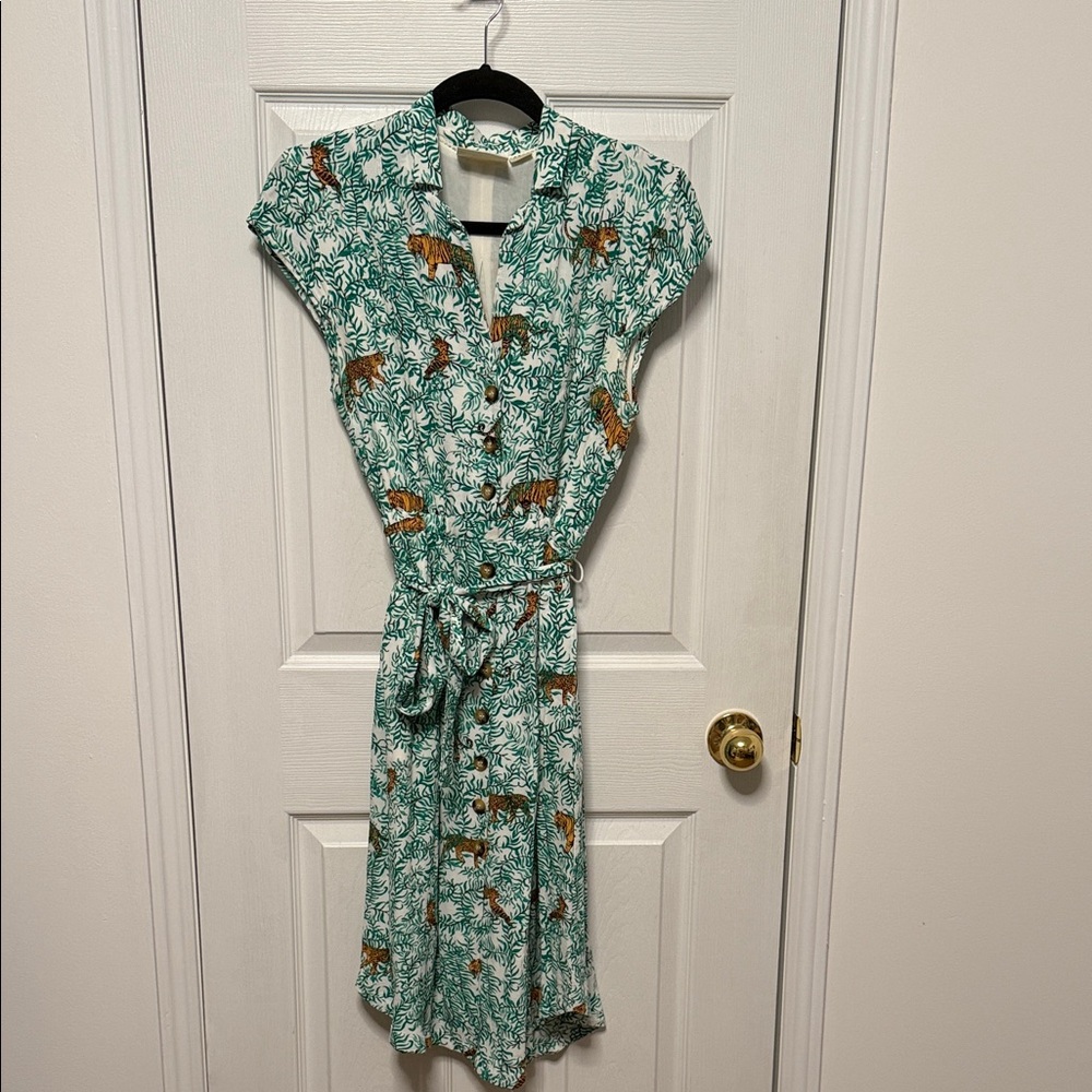 Maeve Green and Brown Animal Print Midi Dress